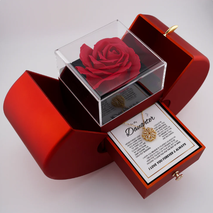 Daughter's 4-Leaf Clover "Lucky Charm" Necklace and Forever RED/ROSE Gift Box