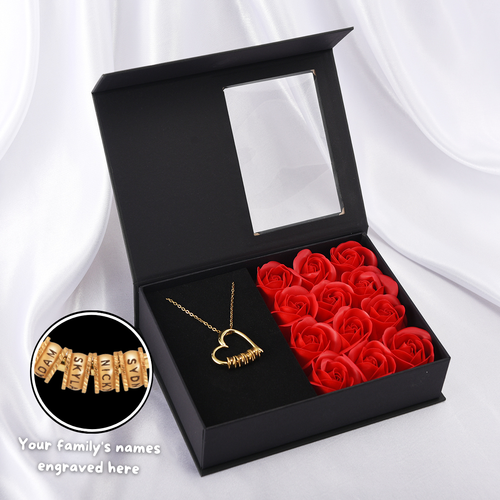 Heart of Our Family - Personalized Necklace with A Dozen Roses Box