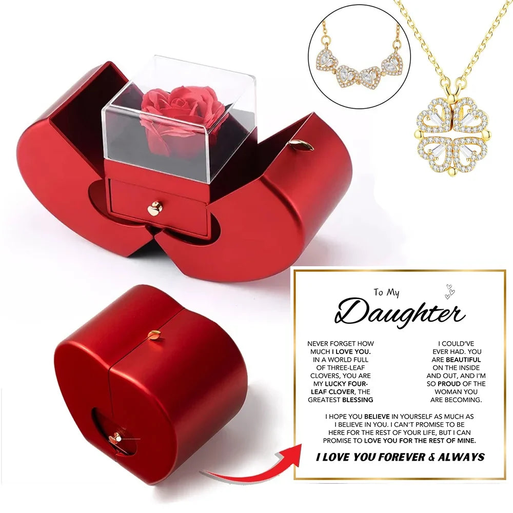 Daughter's 4-Leaf Clover "Lucky Charm" Necklace and Forever RED/ROSE Gift Box