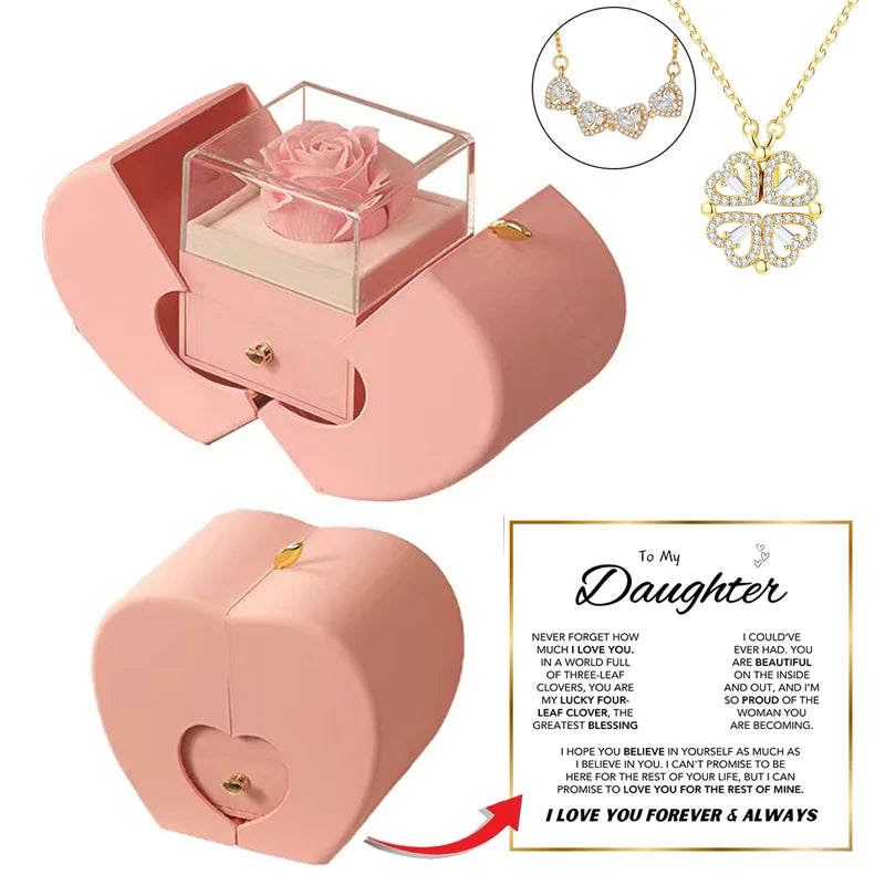 Daughter's 4-Leaf Clover "Lucky Charm" Necklace and Forever RED/ROSE Gift Box