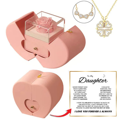 Daughter's 4-Leaf Clover "Lucky Charm" Necklace and Forever RED/ROSE Gift Box