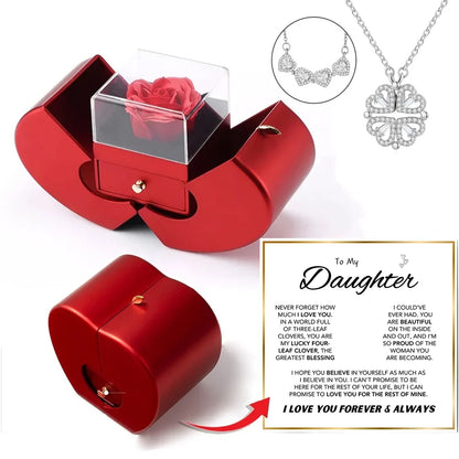Daughter's 4-Leaf Clover "Lucky Charm" Necklace and Forever RED/ROSE Gift Box