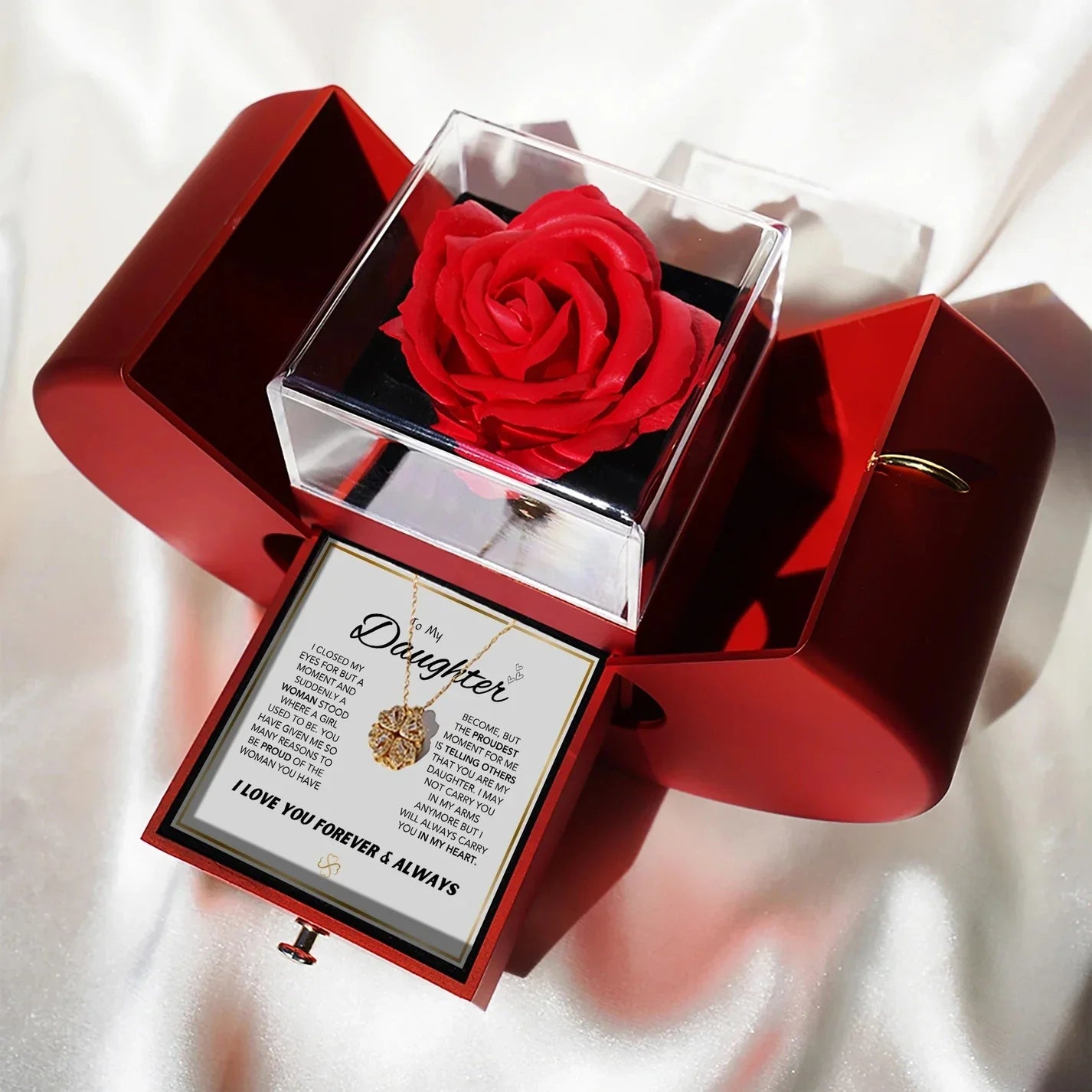 Daughter's 4-Leaf Clover "Lucky Charm" Necklace and Forever Red Gift Box