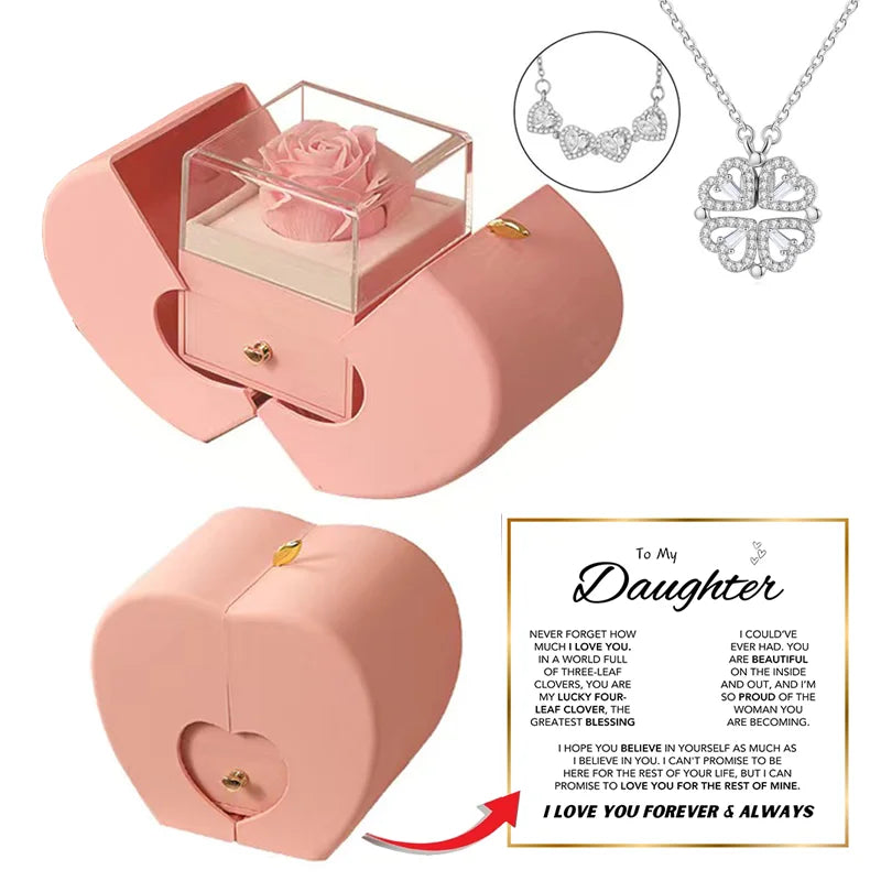 Daughter's 4-Leaf Clover "Lucky Charm" Necklace and Forever RED/ROSE Gift Box